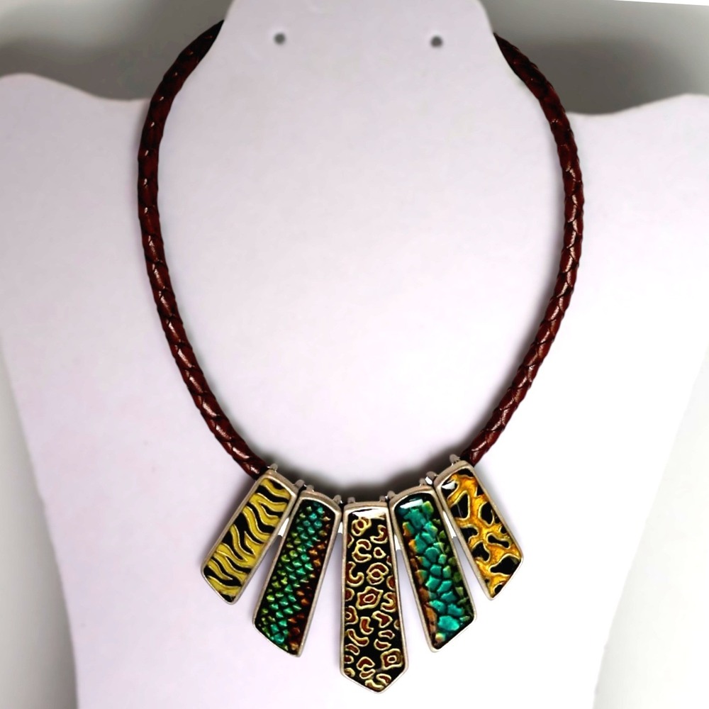 Chico's NOS Mixed Animal Print Zebra Cheetah Reptile Enamel Cord Collar Necklace